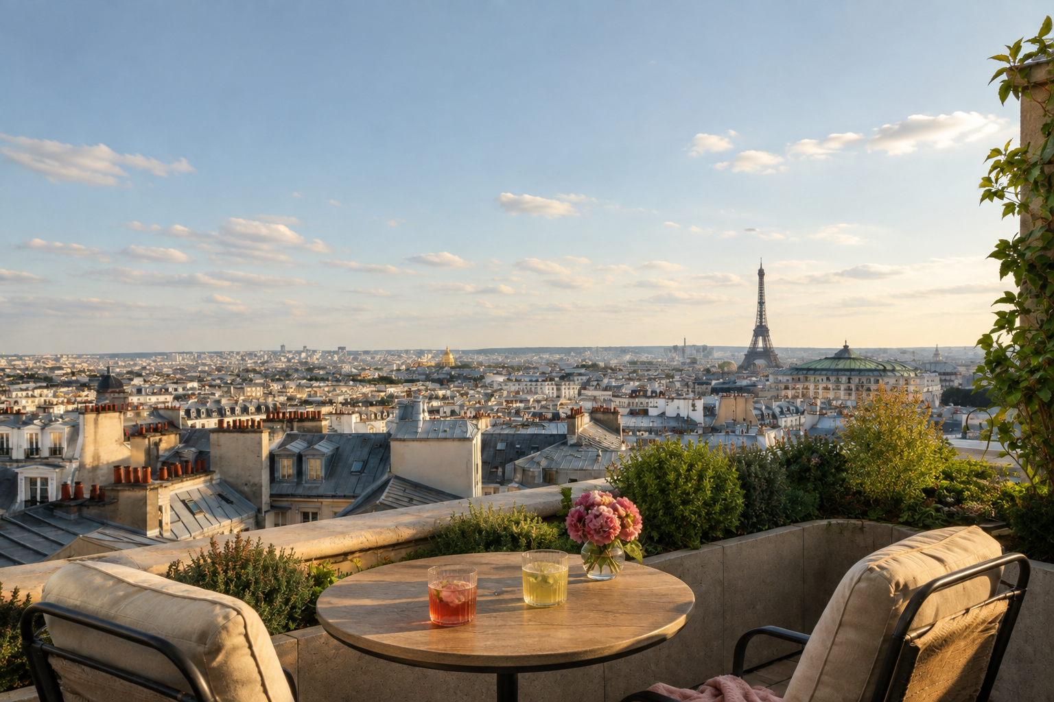 Une table décontractée pour deux sur un rooftop parisien en fin d’après-midi